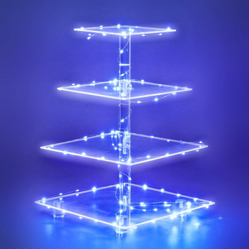 weddingwish Cupcake Stand, 4-Tier Square Acrylic Cupcake Display Stand with LED String Lights Dessert Tower Pastry Stand for Birthday or Wedding Party - Image 1